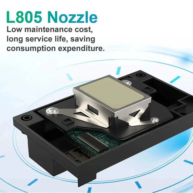 L805 nozzle component mounted in a black housing with exposed circuitry, emphasizing low maintenance and long service life.