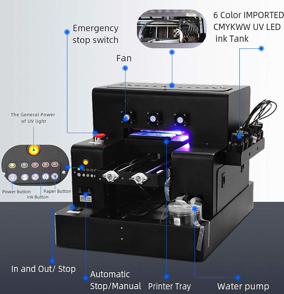 Ovsuqu A3 UV Printer R1390 UV Printer Flatbed with Rotary axis T-Shirt  fixrture for Wood, Fabrics,Leather, Bottle,Metal,Golf, Phone case and More