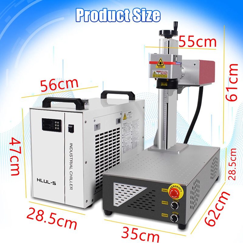 Diagram of two connected industrial machines with red centimeter measurements: left white unit with handles, right vertical laser/engraver on a base; labels show dimensions in cm (e.g., height, width, and depth) to indicate product size.