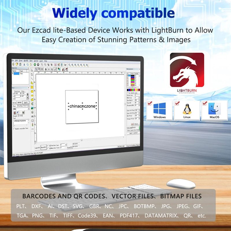 Promotional banner showing EZcad Lite working with LightBurn; includes Windows, Linux, MacOS icons and a list of supported file formats such as PLT, DXF, SVG, PNG, JPG, etc.