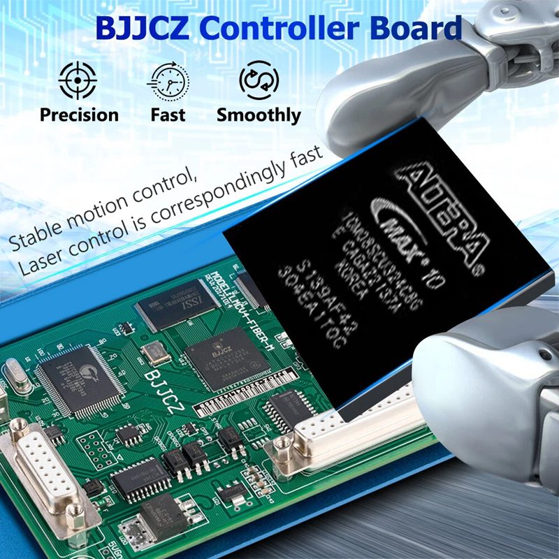 Promotional image of a BJJCZ controller board used for precision laser motion control with robotic arms, highlighting precision, speed, and smooth operation.