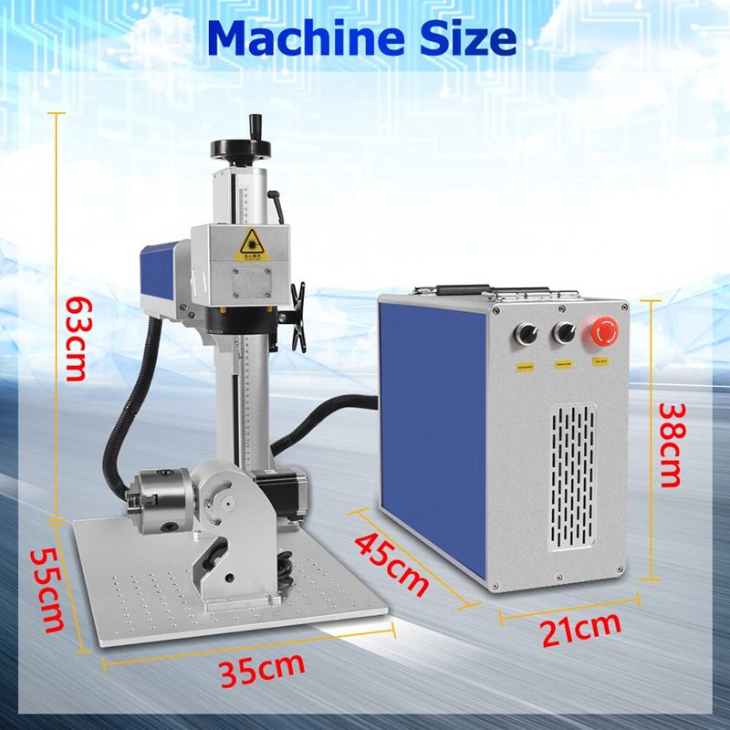 Benchtop engraving/milling machine with vertical column and motorized clamp, connected to a blue control box; red labels show dimensions: 63 cm tall overall, base 35×55 cm, arm reach 45 cm, control box 38×21 cm.