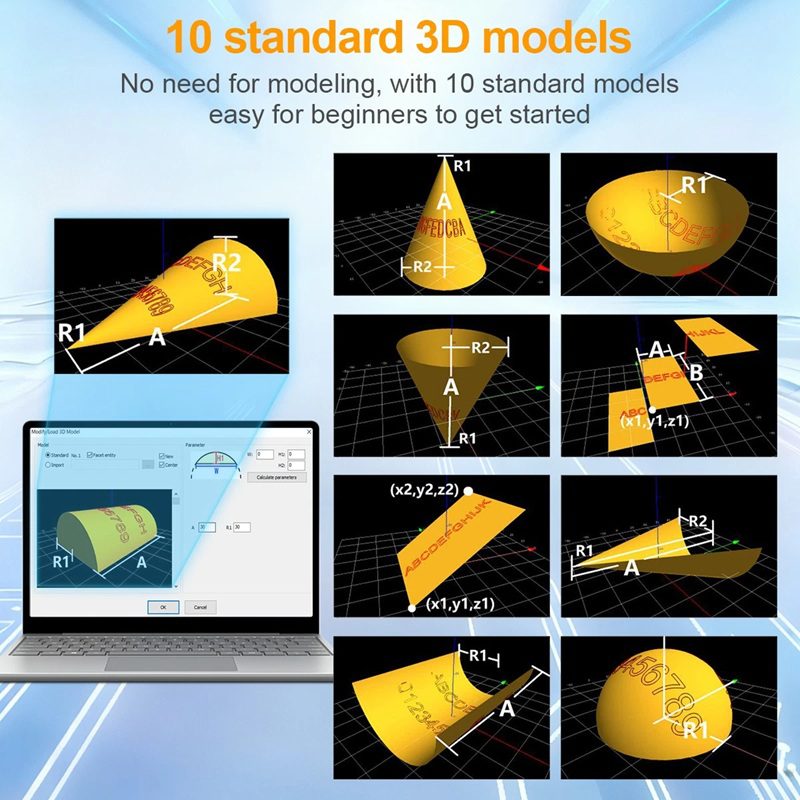Overview of 10 standard 3D models for beginners, with examples like cone, sphere, and torus on a grid beside a laptop running modeling software.