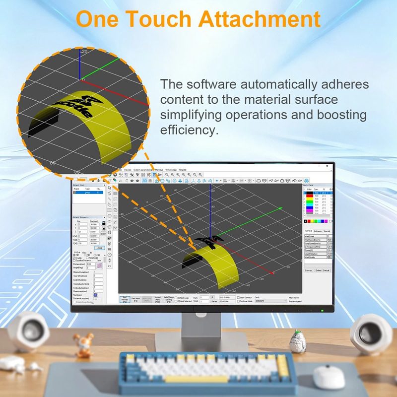 Screenshot of CAD software on a monitor showing a curved yellow strip and a circular tool, with the heading 'One Touch Attachment'.