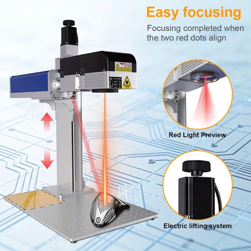 Laser marking machine on a stand with adjustable head, emitting a red focus beam onto a metal sample; insets show red light preview and the electric lifting knob.