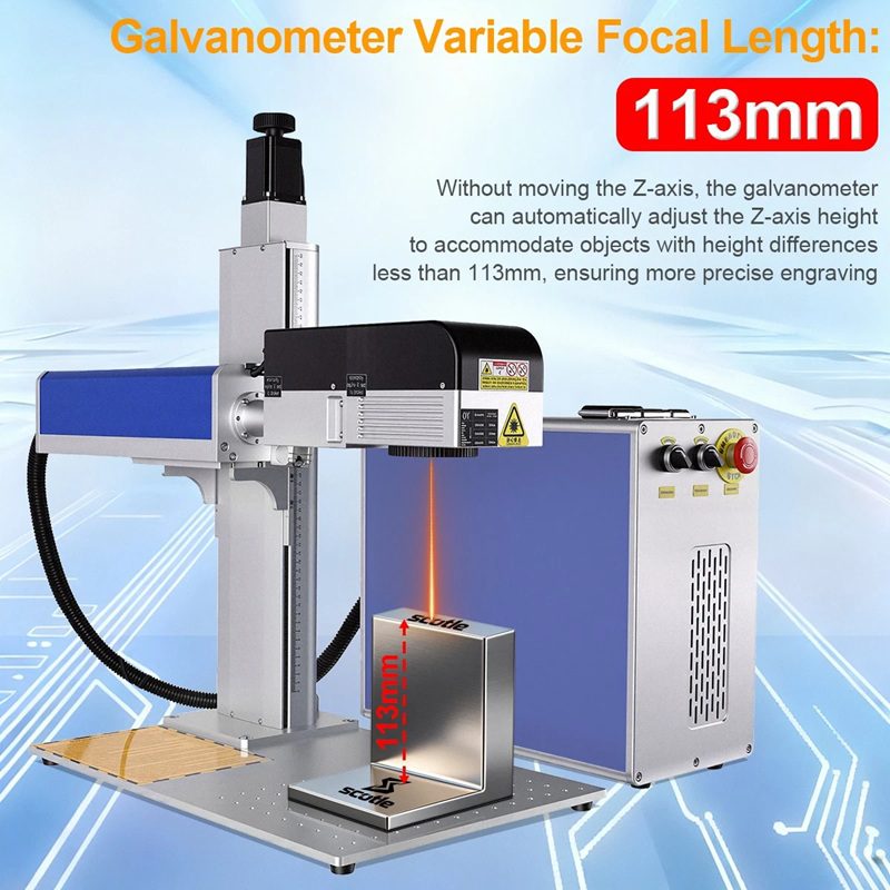 Laser engraving system with galvanometer head and Z-axis; focal length 113 mm highlighted in red.