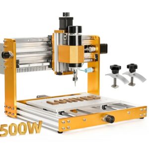 Orange desktop 3D printer with aluminum rails, extruder head, and white build plate; 500W text in lower-left corner.