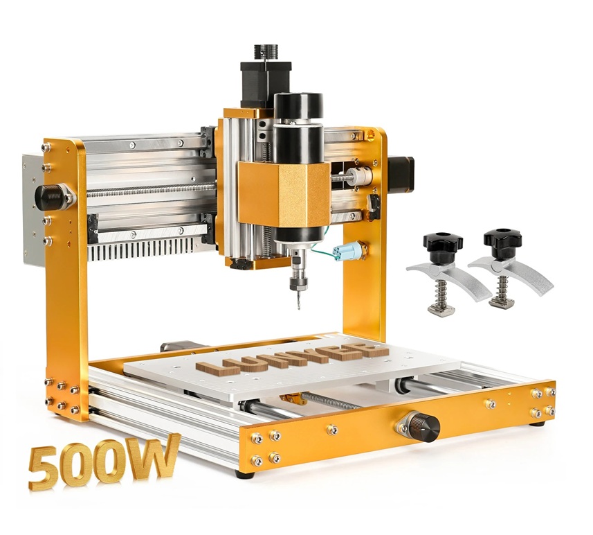 Orange desktop 3D printer with aluminum rails, extruder head, and white build plate; 500W text in lower-left corner.