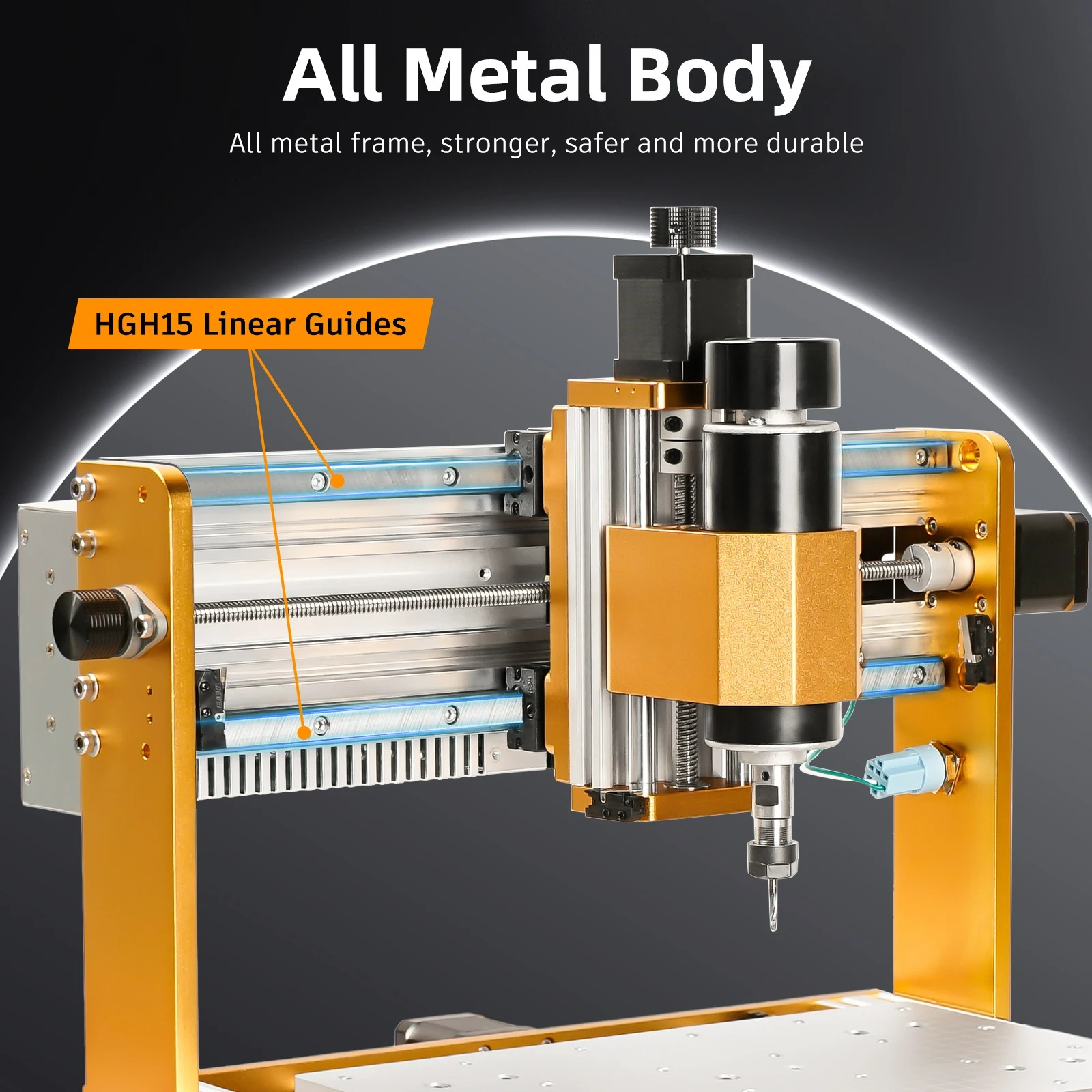 Industrial CNC-style machine with an orange frame, highlighting HG15 linear guides.