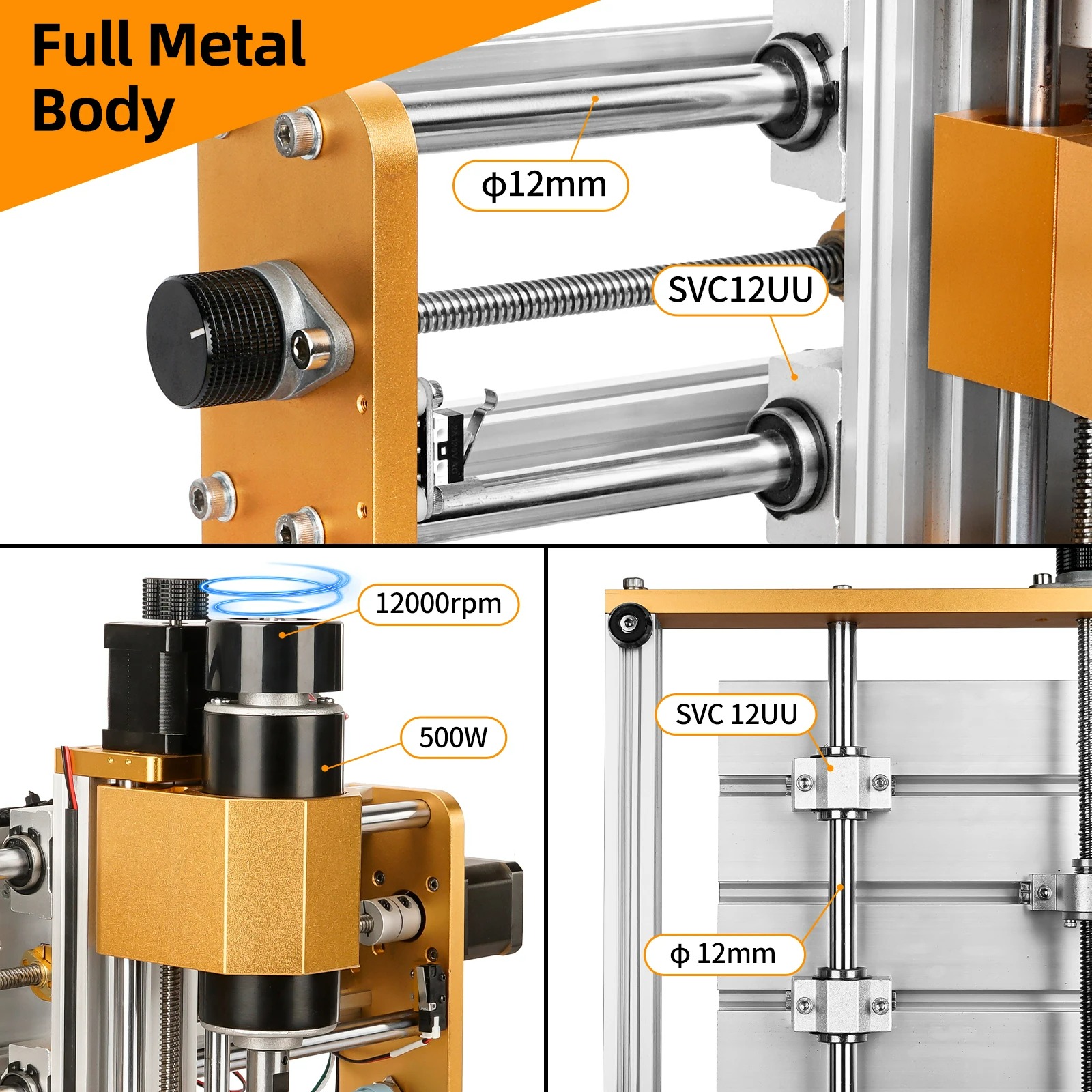 Close-up of an orange industrial linear actuator with chrome guide rods and labels φ12mm and SVC12UU.