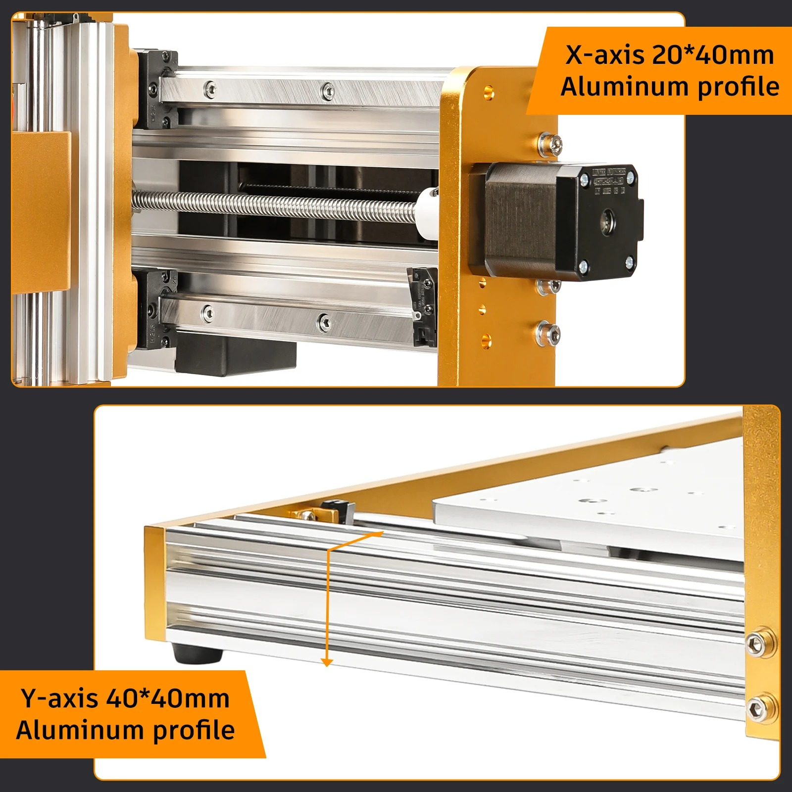 Industrial machine frame with orange aluminum profiles and a chrome linear guide along the X-axis (20x40mm) label visible at top-right.