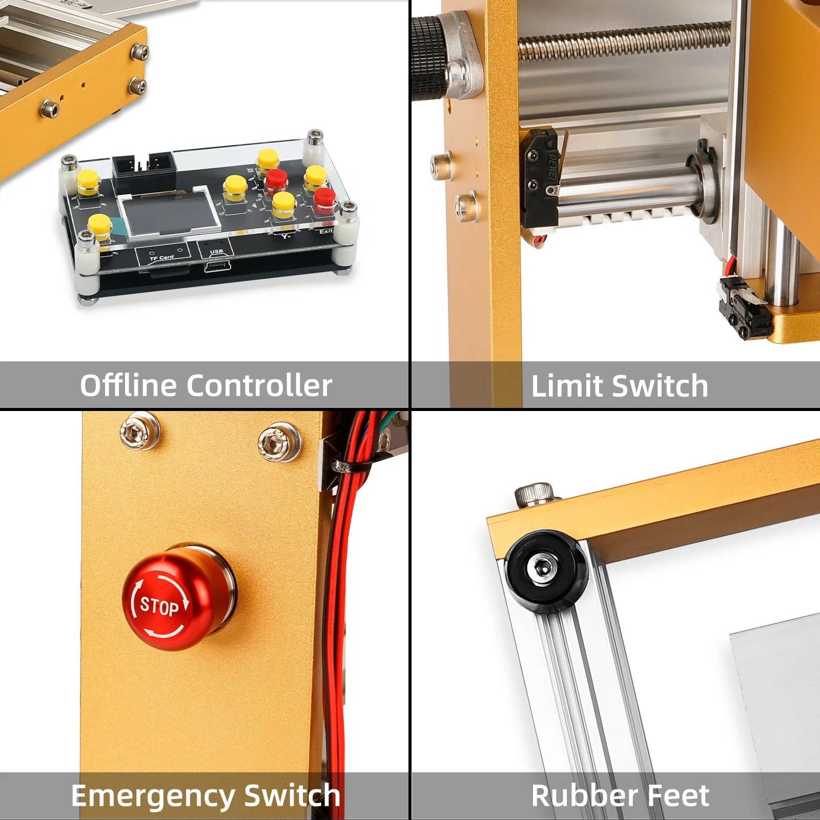 Offline controller panel with yellow pushbuttons on a black base, USB/TF card ports visible in a lab setup
