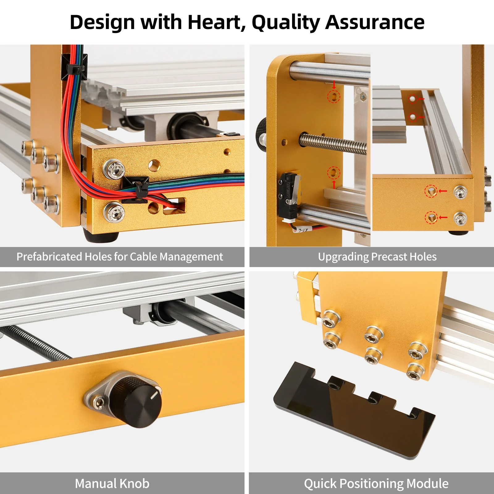 Collage of yellow modular machine parts with wiring and hardware; captions read ‘Prefabricated Holes for Cable Management’ and ‘Upgrading Precast Holes’ indicating component features.