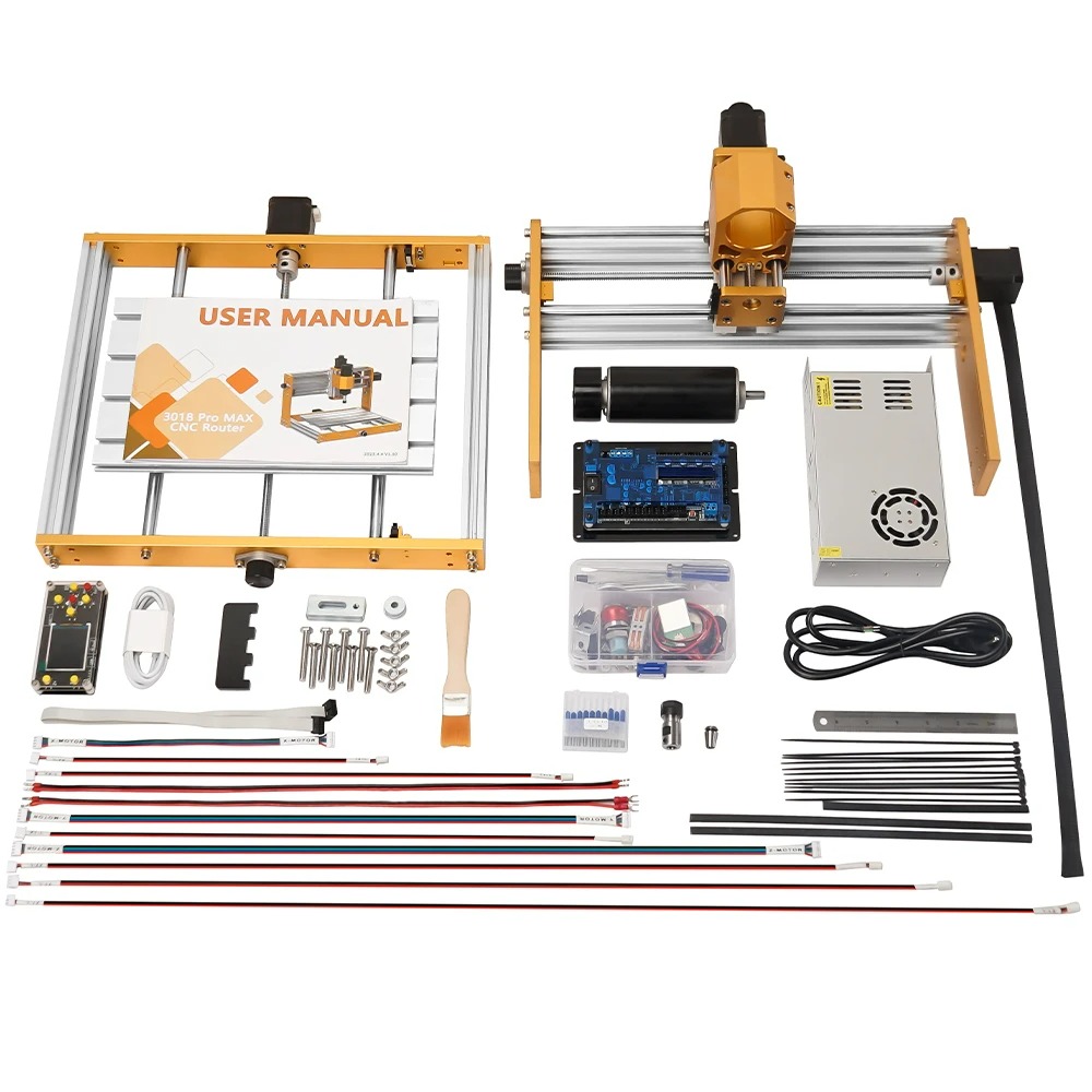 DIY CNC router kit laid out: aluminum frame, yellow motor gantry, electronics, cables and assorted tools/parts on a white background