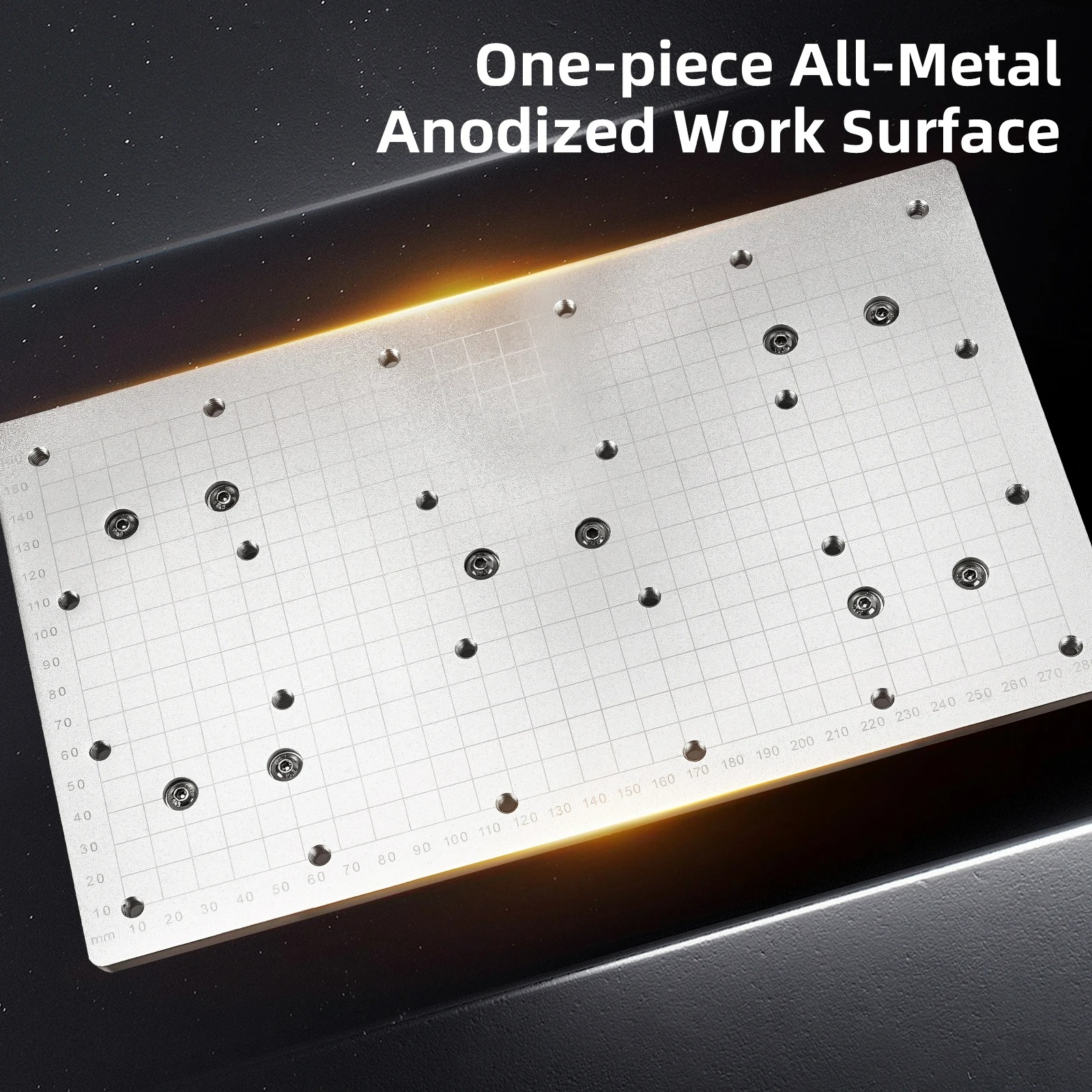 Silver anodized, one-piece work surface with grid pattern and multiple screw holes.