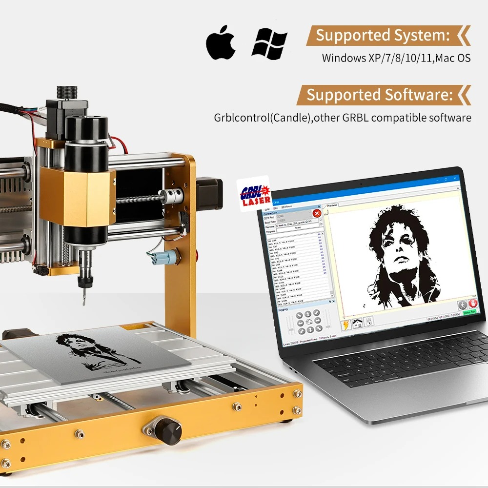 Laser engraving machine connected to a laptop showing a black-and-white portrait being engraved.